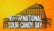 cartoon roller coaster drop with the words sour punch national sour candy day