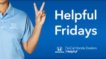 Honda employee in blue honda shirt giving the peace sign and the words Helpful Fridays