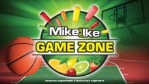 Basketball and fruit slices with pieces of Mike and Ike candy shooting out of the words Mike and Ike Game Zone