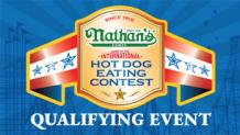 Cartoon of belt made of gold with the words Nathans Famous Hot Dog Eating Contest Qualifying Event written across it