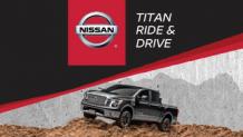 Truck on dirt pile with the words nissan titan ride and drive