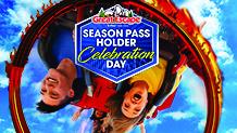 Season Pass Holder Celebration Day logo in front of Greezed Lightnin' roller coaster at The Great Escape