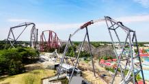 Aerial photo of Maxx Force, Giant Drop, Raging Bull, and Hurricane Harbor Waterpark