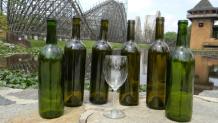 Wine bottles and glass sitting on rock wall in front of the lake with El Toro and Kingda Ka in the background