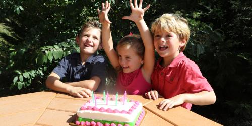 Kids sitting with birthday cake