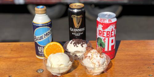 Beer Ice Cream with beer cans behind them