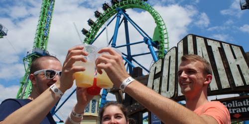 Friends drinking at Food and Brew Festival at Six Flags New England
