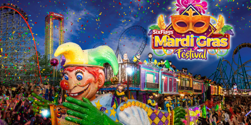 Mardi Gras Festival parade floats with jester