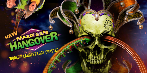 Mardi Gras Hangover logo with skull and loop coaster