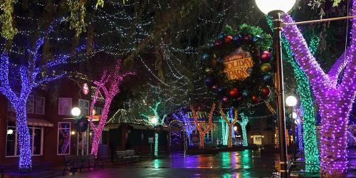 festive holiday lights in Holiday Square