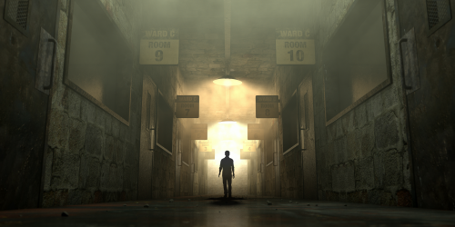 Man stands alone is an eerie hallway