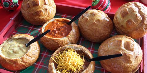Bread bowls filled with soup