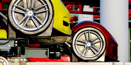 Coaster train wheels, on mark to take off on a race
