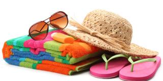 Beachwear - flip flops, suntan lotion, towel, bag Beachwear - flip flops, suntan lotion, towel, bag