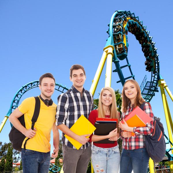 Students in front of a roller coaster