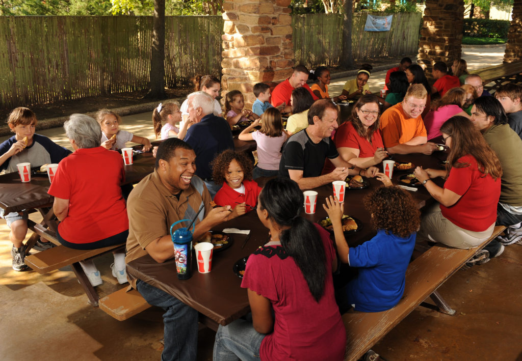 Group enjoying lunch at picnic pavilion