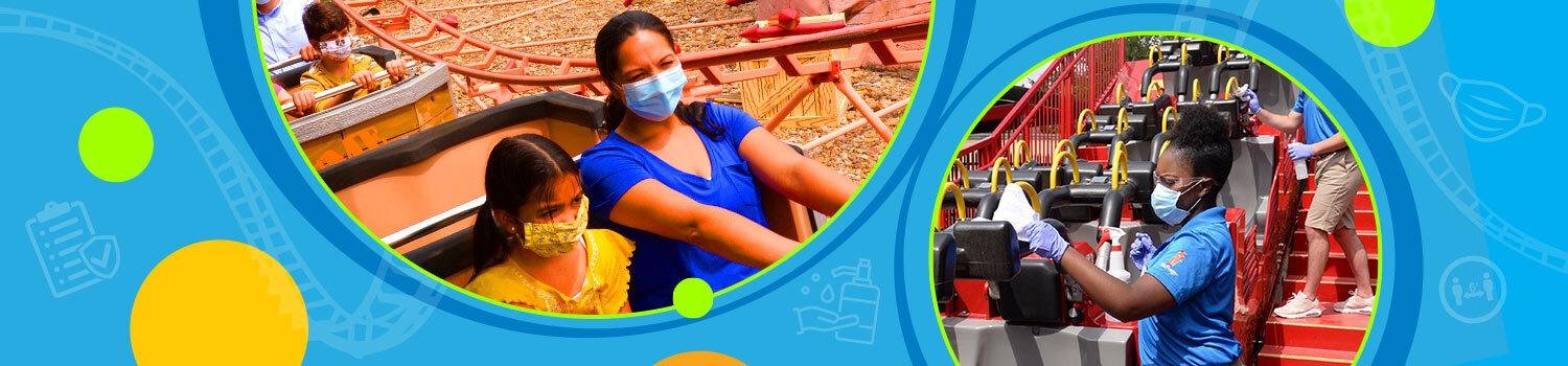 People riding rides at Six Flags theme park with face masks covering their mouths